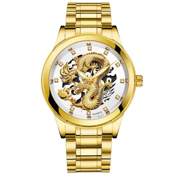 Veekindel Meeste Gold Dragon Skulptuur Quartz Watch Luksus Meeste Terasest Käekell reloj mujer naiste kellad