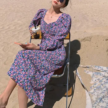 Vintage Õie Printida Suvine Kleit Naiste Sügis Seksikas Backless Sidemega Beach Sifonki Puhkus Pikk Kleit Rüü Ete Femme 2020 Uus