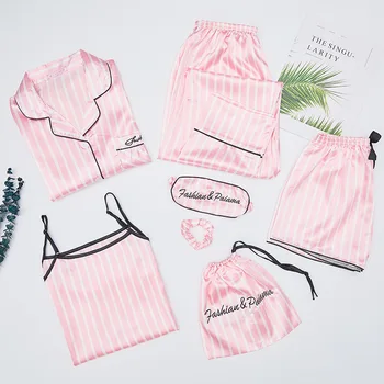 Ärka Kallis Naiste 7 Tükki Pidžaama Komplekti Imiteerimist Silk Triibuline Pyjama Naiste Sleepwear Komplekti Kevad Suvi Sügis Homewear