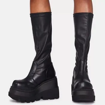 11.11 Suur allahindlus luksus brändi naiste platvorm saapad Naiste kiilud paksu põhjaga saapad sügis-talve nahktagi punk on lahe kingad