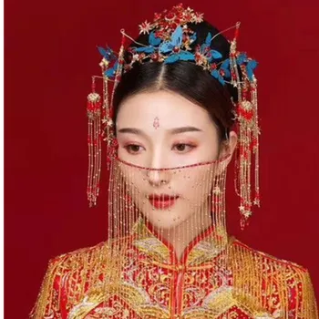 2018 Pruudi Hiina sinine liblikas Headdress Raputada Phoenix Crown Vana Headdress pruut juuste Aksessuaarid, hulgimüük