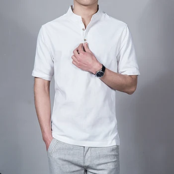 2020! Camiseta con cuello levantado para hombre de manga corta de Värvi sólido estilo chino camisetas de lino de talla grande 5X