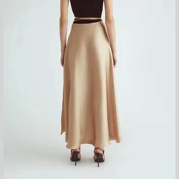 2021 Kevadel Kõrge Vöökoht Vintage Naiste-Line Pikk Seelik Mood Puhta Värvi Pits-Up Disain Pikk Seelik Faldas Jupe Femme Saia