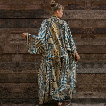 2021 Puuvillane Sinine Retro Trükitud Pikad Varrukad Ise Vöö Pluss Suurus Bohemian Kimono Tuunika Naiste Topid ja Pluusid-Särgid Q1228
