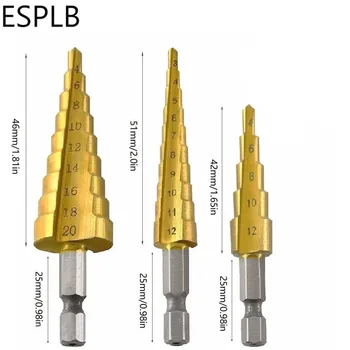 3tk Step Drill Bits kiire Terasest Koonuse Titaan Kaetud 3-12mm/4-12mm/ 4-20mm Kuusnurk Varre multifunktsionaalne Drill Bit