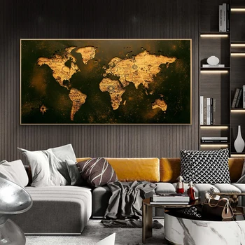 Abstraktne Golden World Map Plakatid, Print Lõuend Suur Retro Kaart Rippuvad Pildid elutuba Decor raamita