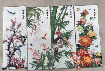 Antiik brocade rippuvad maalid ploom, orhidee, bambusest ja chrysanthemum kevadel, suvel, sügisel ja talvel