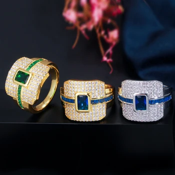BeaQueen Luksus Disainer Monaco Dubai Kollase Kulla Värvi Suur Ruut Sinine Roheline Pulm Ansamblid Engagement Rõngad Naiste Ehted R099
