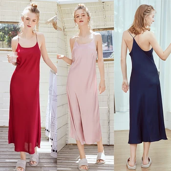 Daeyard Naiste Silk Satin Nightgowns Spagetid Rihmad Kaua Magada Särk 2019 Suvel Uusi Tahke Öö Kleit Seksikas Backless Nightwear