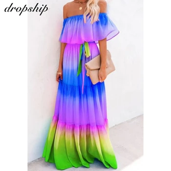 Dropship Tie Dye Beach Kõrge Vöökoht Naiste Kleidid 2020. Aasta Suvel Liblikas Varruka Tiivad Seksikas Maha Õlgade Pits Üles Suur Kiik Kleit