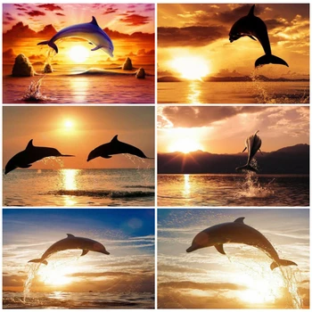 EverShine Diamond Maali Dolphin Ristpistes Komplektid Diamond Tikandid Loomade Mosaiik Kive Kunsti Päikeseloojangut Käsitööna Hobi Kingitus