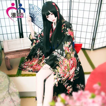 Jigoku Shoujo Enma Ai Neiu Kleit Kimono Yukata Ühtne Komplekt Anime Cosplay Kostüümid Kimono + Vöö + bowknot + kokkuklapitavad fänn