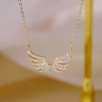 Korea Uus Disain Ehted Sweet Angel Wing AAA tsirkoon Kaelakee 14K Tõeline Kuld Plaadistuse Naiste Sexy Clavicle Kaelakee