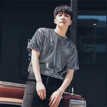 Korea velvet lühikesed varrukad lahti krae ümber meeste T-särk fashion streetwear vabaaja hip-hop homme pluusid