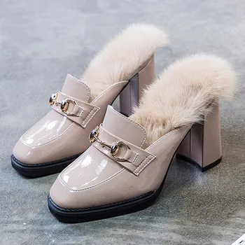 Kõrge kontsaga kingad naiste 2020. aasta uus sügis talvel kõik-mängu paksud kontsaga Baotou karvane pool sussid mood välimine kanda тапочки