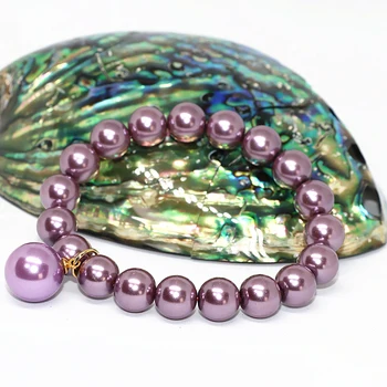 Kõrge kvaliteediga käevõru naistele 10mm lilla koorega simuleeritud-pearl ring helmeste hulgimüük elastne kett ehted 7.5 tolline B1713