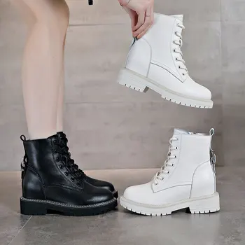 Kõrgus suurendada naiste saapad, musta valge platvorm boot ehtne nahk pahkluu botas zapatos de mujer daamid botines chaussures