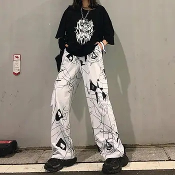 Lai Jalg Püksid Kottis Püksid 3D Geomeetriline Trükitud Naiste Elastne Vöökoht Lahti Hip-Hop Streetwear Harajuku Grunge Tumedad Püksid Unisex