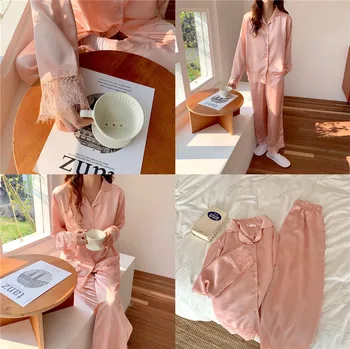 Mugav pehmest siidist pidžaama komplekt roosa pits segast sleepwear naised kodus riideid roosa lolita princess home set püksid Y121