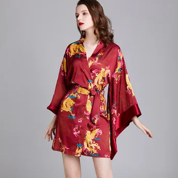 Naine Burgundia Põletatud Varrukad Kleit Seksikas Prindi Dragon Retro, Pesu Kimono Hommikumantel Pruudi Pulmas Sleepwear Kevadel Homewear