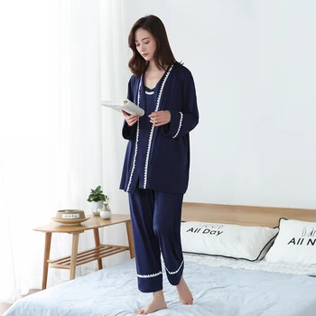 Naiste Pidžaama Komplekt 3 Töö Bamboo Dressipluus Püksid Pajama Komplekti Seksikas Pits O-Kaeluse Homewear Magada Set Daamid Pidžaamad Sleepwear