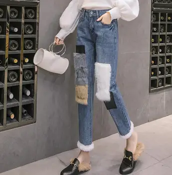 Naiste püksid Küülik karusnaha teksad pluss, samet, kõrge vöökoht korea liiga sirge haaremi naiste püksid streetwear daamid püksid