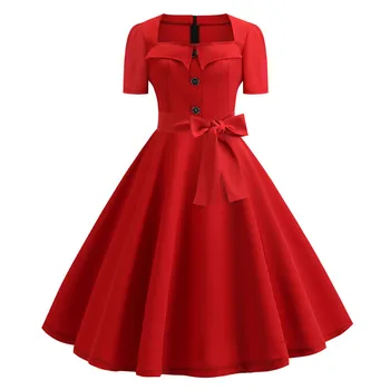 Naiste Square Krae Elegantne Vintage Suvine Kleit Lühikeste Varrukate Rockabilly Pin-Up Midi Kleit Rüü Femme Vabaaja Büroo Poole Kleit