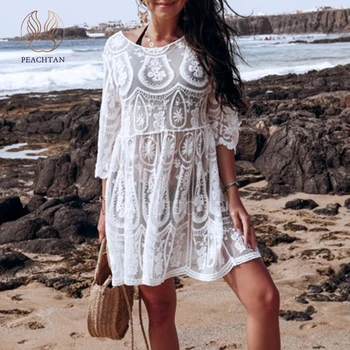 Peachtan Tahke valge beach kleit naiste 2020. aasta uus Vaadake läbi ujumistrikoo kate ups naissoost Hollow läbi rannas kanda Suplejaid trikoo