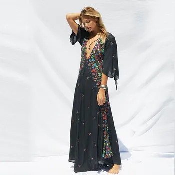 Pikk Kimono Kleit 2020. Aasta Sügisel Põletatud Varrukas, V-Kaelus Õie Printida Kleit Naiste Vabaaja Lahti Bohe Beach Maxi Kleit Rüü Femme