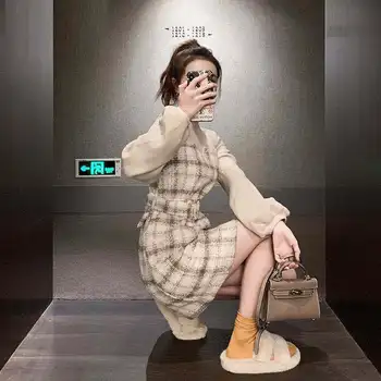 QWEEK korea Ühes tükis Kleit Ruuduline Naiste Kevad-Sügis korea Stiilis Riided Kleidid Naistele 2020 Elegantne korea Fashion Kleit