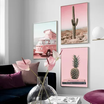 Roosa Taevas Rand Meri Cactus Auto Maastiku Seina Art Lõuend Maali Nordic Plakatid Ja Pildid Seina Pildid Elutuba Decor