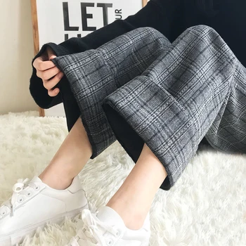 Ruuduline Naiste Püksid Pluss Suurus Lai Jalg Slim Uudne Kõrge Vöökoht Sweatpants Vintage Hea Kangast Püksid Naiste Tweed Korea Fashion