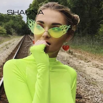 SHAUNA Mood Tulekahju Päikeseprillid Naistele Brändi Disainer Neoon Roheline Ookean Film Rimless Tooni UV400