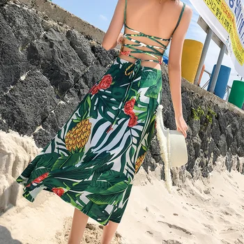 Suvel Sifonki Prindi Seksikas Lõhik Pilduma Kaua Pool Kleit Mood Boho roheline Roheline Päitsed V-kaeluse Naiste Beach Club Kleit Vestidos