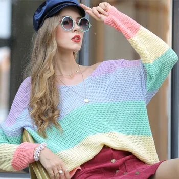 Sügis / talv naiste lahtised V-kaelus T-särk rainbow värvi sobitamise Pullover langeb 2020. aastaks naiste riided kootud kampsun