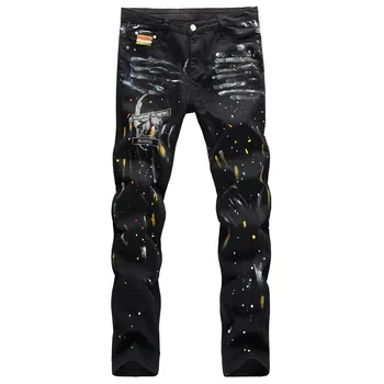 Uued püksid Euroopa-Ameerika tänav, hip-hop stiilis käsitsi maalitud kass, vurrud splash tindi värvi värvi kolju sirged teksad püksid