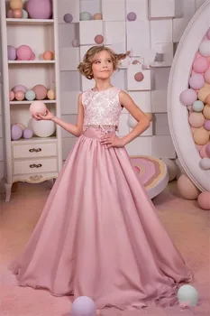 Uus 2021 Tüdrukute Võistlused Printsess Kleidid Sifonki Kaks Tükki Pits Appliques Põsepuna Pink Lapsed Lille Tüdrukute Kleit Pall Kleit Odav