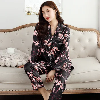 Uus Kevad Pajama Pikk Varrukas Õhuke Pidžaamad Naiste Korea Isikupärastatud Koduse Riided Simulatsiooni Silk Kaks Komplekti Trükitud Pijama Mujer
