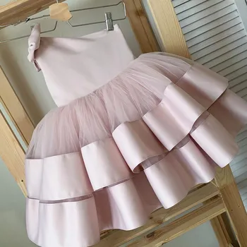 Uus Pundunud Baby Girl Kleidid Kihid Vibu Lapsed Printsess Esimest Sünnipäeva Kleit Vibu-õla Kid Pool Kleit Riided Suurus 12M 18M 24 M