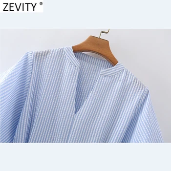 Zevity 2021 Naiste Vintage V-Kaeluse Triibuline Printimine kikilips Tiivad Kneeth Kleit Naine Puhvis Varrukad Stiilne Äri Pool Vestido DS5057