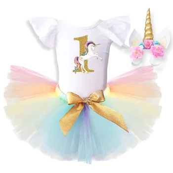 1 Aasta Sünnipäeva Kleit Baby Girl Ristimine Hommikumantlid Ükssarvik Tutu Kleit Varustus 12 Kuud Väikelapse Esimene Imiku Riided Peapael Komplekt