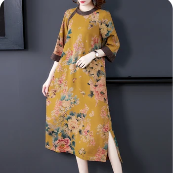 2021 Sügisel Õie Mulberry Silk Midi Kleidid korea Vintage 4XL Pluss Suurus Pikad Varrukad Naiste Kleit Elegantne Bodycon Pool Vestido