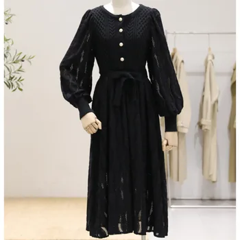 2021 Uus Kevad-Sügisel Vintage Pits Segast Kampsun Kleit Stiilne Naiste Pika Varrukaga Soe Pits-up Slim-line Pikk Kleit Rüü Femme