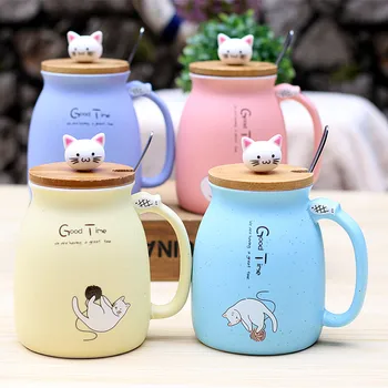 450ml Cartoon Keraamika Kass Kruus Koos Kaane ja Lusikaga Kohvi Piima Tee Kruusid Hommikusöök Cup Drinkware Uudsus Kingitused