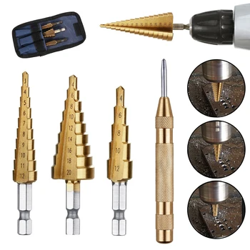 4tk Hss Terasest, Titaan-Step Drill Bits Pea 3-12mm 4-12mm 4-20mm Koonus lõiketerad Puidutöötlemine Metallide Puurimine Drill Bit Set
