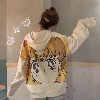 Harajuku Sailor Moon Cartoon Prindi Topp Naiste Lahtised Vabaaja Armas Tasku Pika Varrukaga Pullover Topid Riided Streetwear Dressipluus