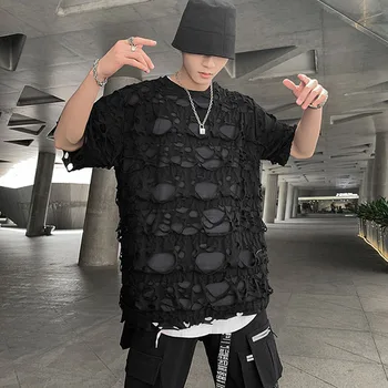 Hip-Hop Meeste T-Särk Õnnetud Auk Fashion Streetwear T-särk Ripitud Murda Harajuku Liiga Suvel Top Tees Must Tshirt