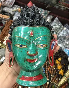 Ilus Nepali käsitöö mosaiigid, türkiis ja punane korall pronksist Buddha pea 17cm 12cm valik vaba shipping