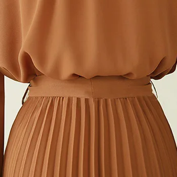 Kleit Kõrge Vöökoht Naiste Uus Stiil Kevad Sügis Fashion Temperament Sifonki Plisseeritud Stand-up Krae Pikk Varrukas Naise Kleit