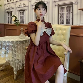 Kleit Naiste Vibu Disain Puhvis Varrukad Burgundia Retro Jaapani Kawaii Pluss Suurus 2XL Mood Pool Midi Kleidid Suvel Elegantne Naine
